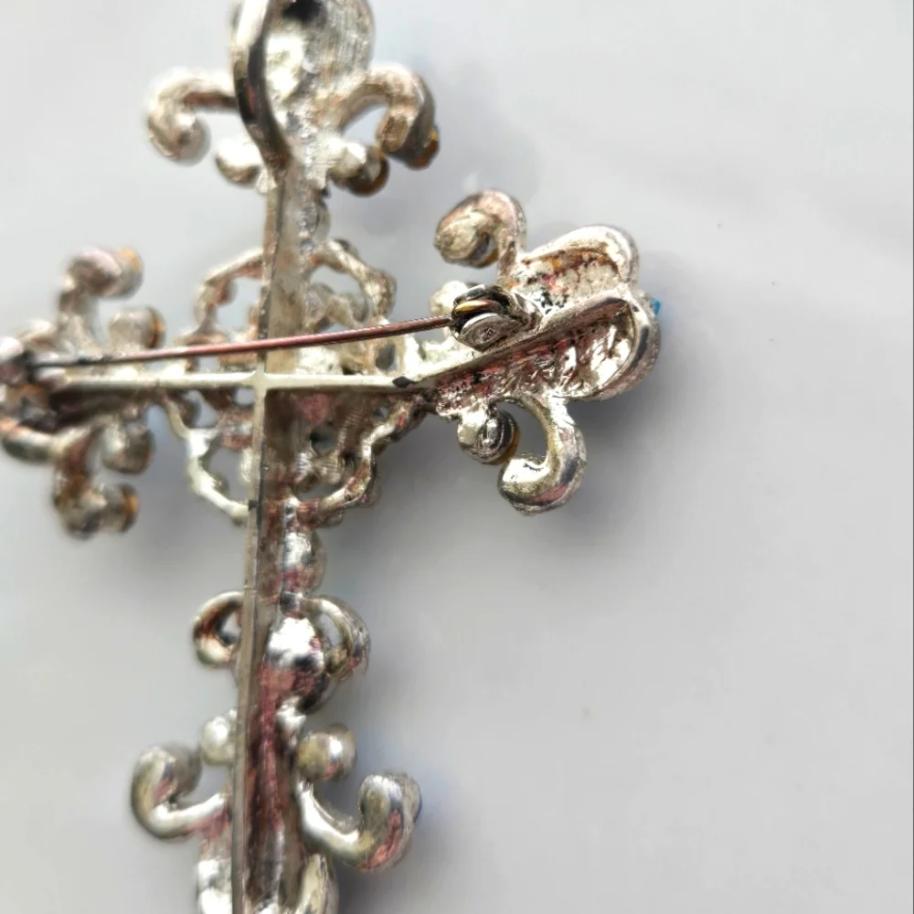 Vintage Rhinestone Cross Brooch Pendant Blue AB Gothic Y2K